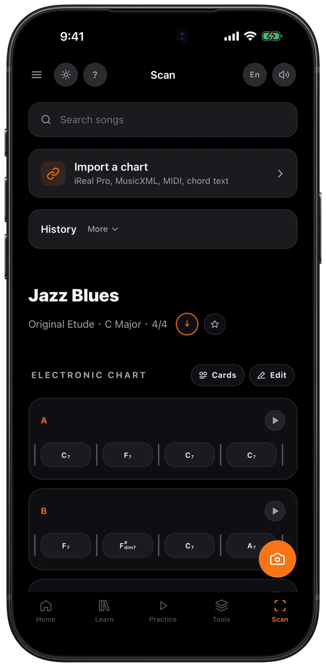 A scanned jazz blues chart, laid out bar by bar