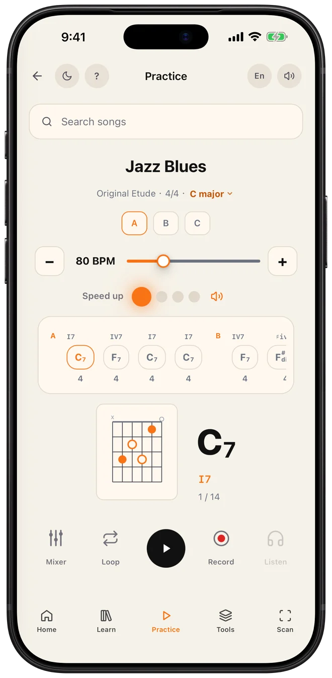 Practice screen with tempo, loop and the current chord shape