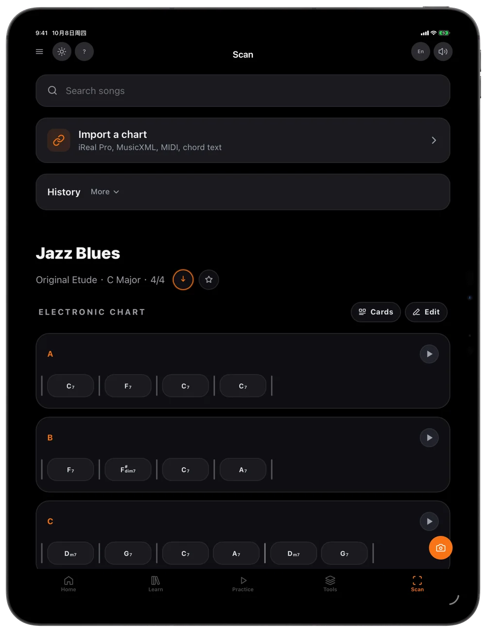 A scanned jazz blues chart, laid out bar by bar